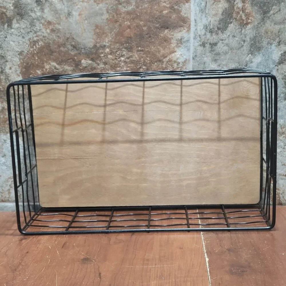 Decorative Black Wire Basket with Natural Wood Board Base